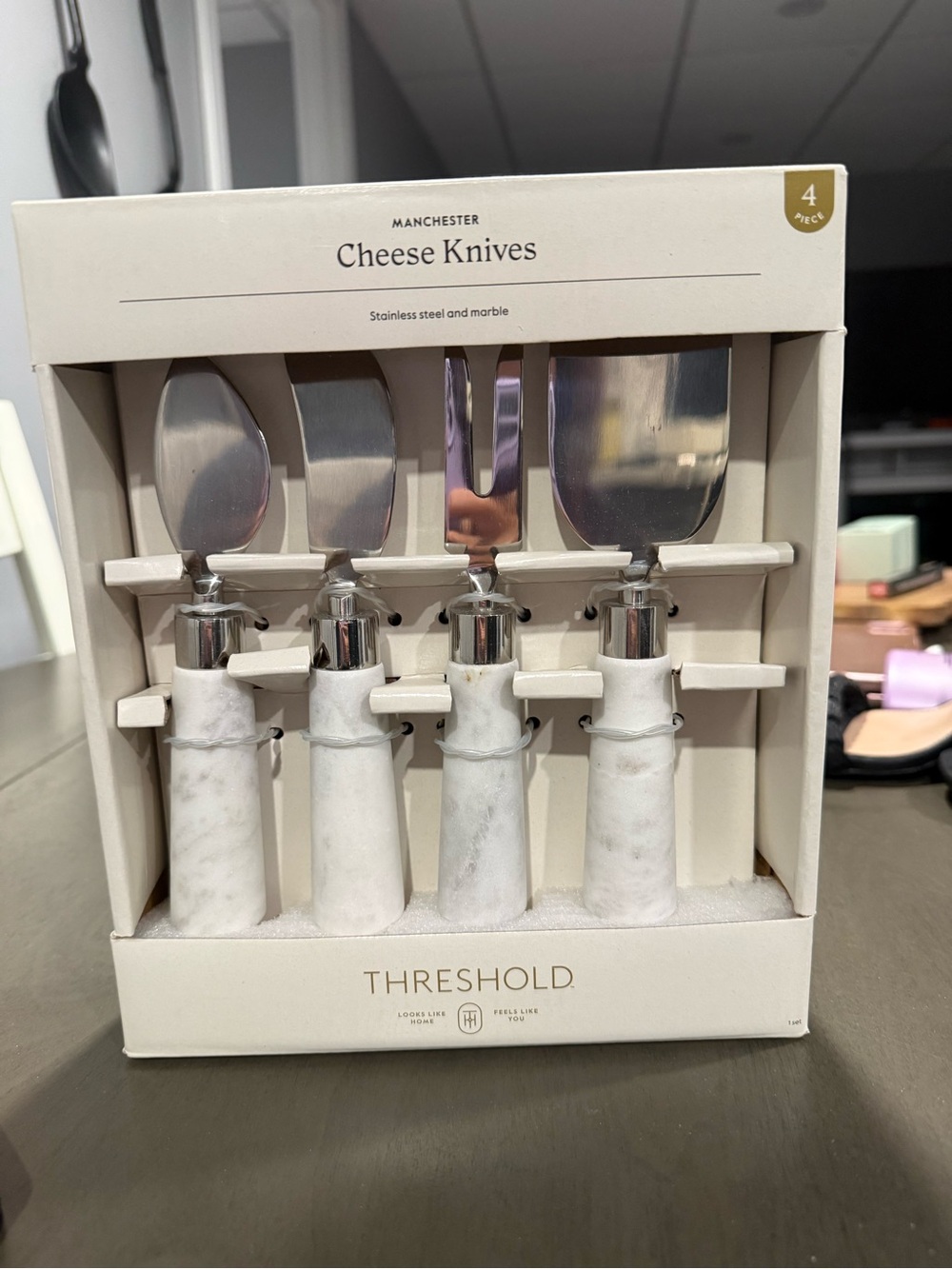 Threshold Marble-Effect White & Silver 4-Piece Cheese Knife Set